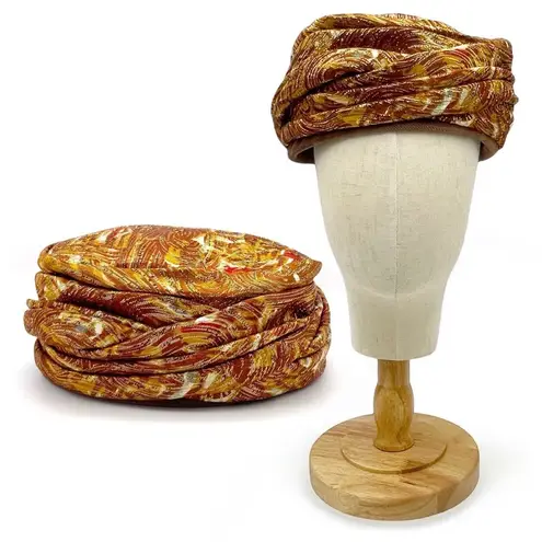 Vintage Valerie Modes Draped Turban Pillbox Hat – Metallic Gold & Bronze Brocade Brown