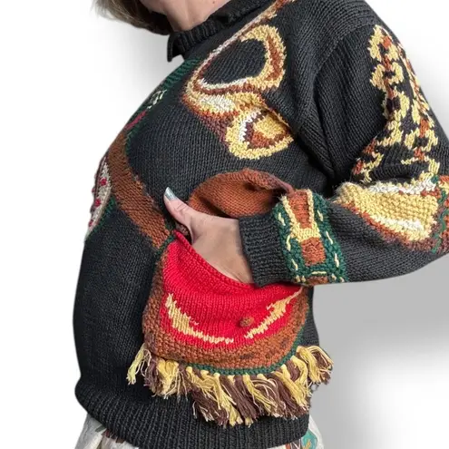 Vintage The Eagles Eye Black Hand Knit Chunky Equestrian Trompe Loeil Sweater Size M