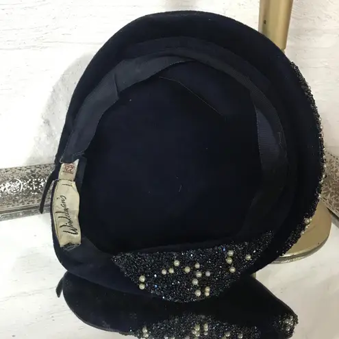 Winkelmans VINTAGE 1960'S BLUE VELOUR BERET STYLE HAT WITH RHINESTONE EMBELLISHMENT