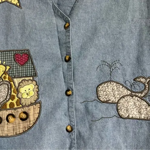 Vintage Animal Arc Embroidered Whale Elephant Giraffe Lion Denim Vest Novelty Blue Size M