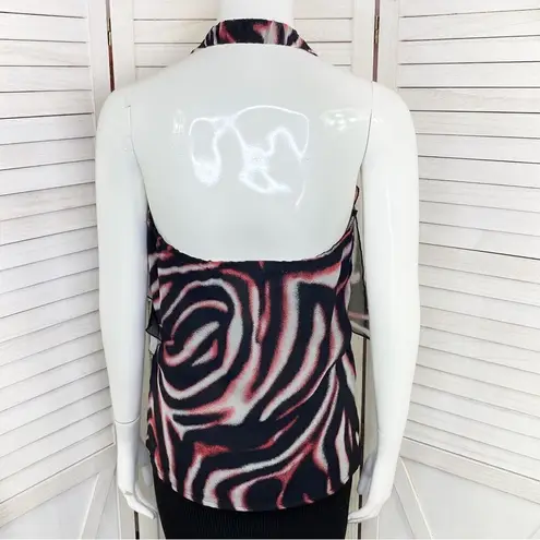 Bebe  Printed Silk Chiffon Ruffle Trim Halter Neck Blouse Pink Black XS