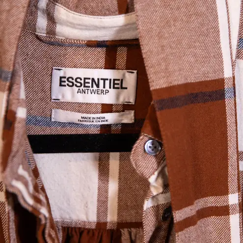 Essentiel Antwerp Abetty Robe Check Plaid Print Pattern Brown White Midi Dress