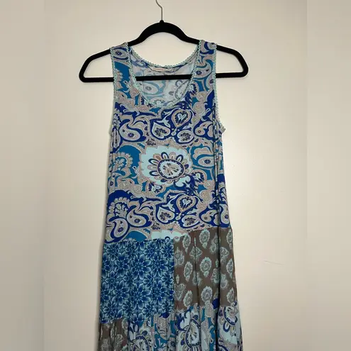Soft Surroundings Boho Patchwork Maxi Dress Blue Brown Paisley XS Sleeveless - Image 2