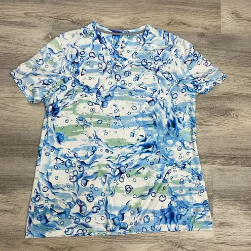 Reel Legends Blue, White & Green Print Short Sleeve V-Neck T-Shirt Size Large