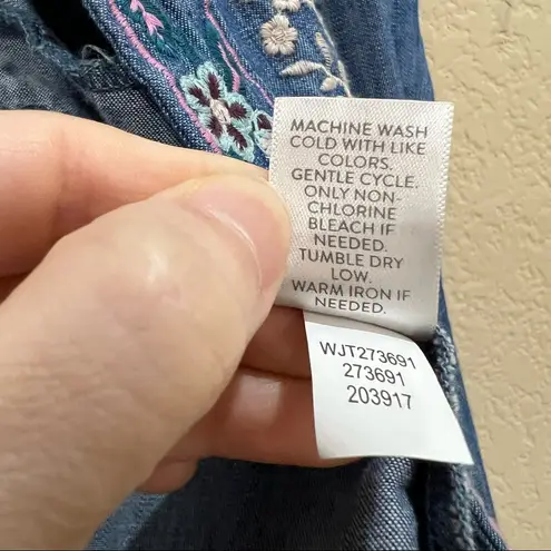 J Jill Floral Embroidered Denim Open Front Jacket Women’s Sz S Boho Hippie EUC Blue