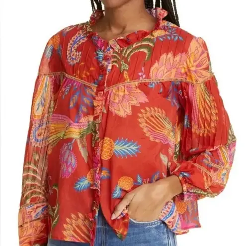 Farm Rio Mystic Bush Buttoned Blouse Ruffled Neck Long Sleeve Size S