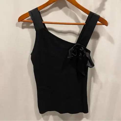 Y2K Lillie Rubin black ribbed silky trim bow asymmetrical sleeveless sweater top Size L