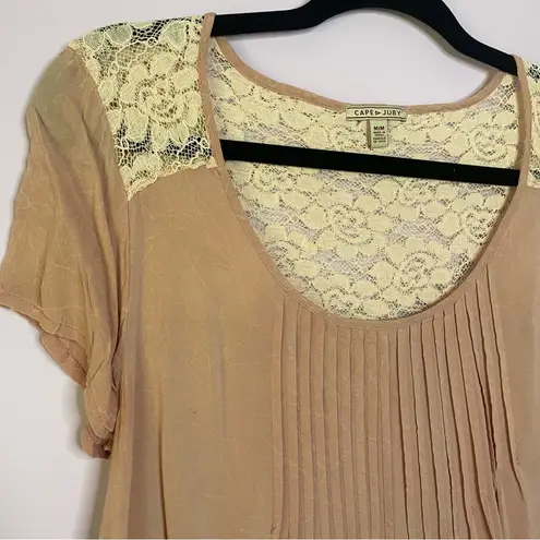 Cape Juby Pink White Lace Short Sleeve Pintuck Flowy Boho Blouse Top Medium