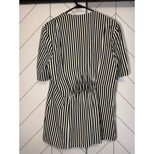 Tina Barrie Vintage Women Black White Striped Short Sleeve Button Blazer Shirt Size L