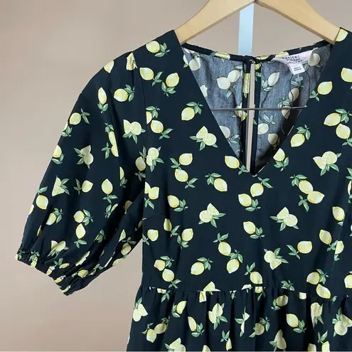 Miss Selfridge Petite 0 Poplin Mini Dress Lemons Puff Sleeve Ruffle Boho Cottage