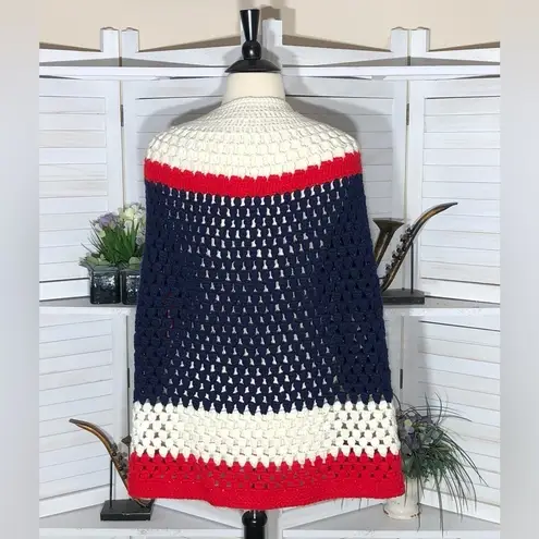 Vintage 80s 90s Crocheted Wool Poncho Cape Red White Blue Large XL
