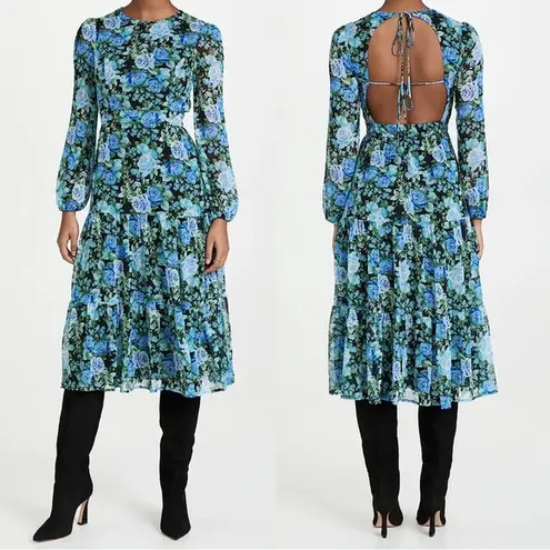 WAYF • Blue Floral Tiered Midi Dress open tie back blouson black rose print