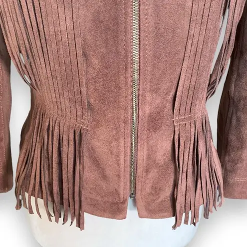 BCBG Max Azria Reiss Vegan Suede Leather Jacket Fringe Accents Toffee Brown