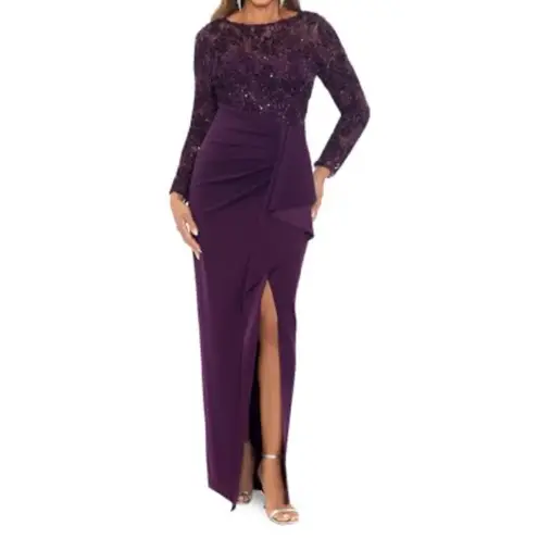 XScape Long Sleeve Lace Bodice Ruffled Formal Dress