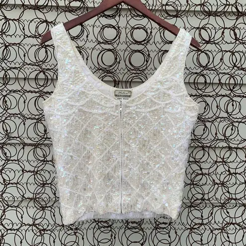 Vintage 60s Helen Fashions 100% wool beaded and sequined cream sleeveless blouse White Size M