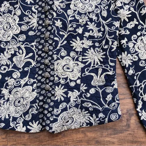 vintage • 90s floral quilted jacket navy cream rayon cropped JSJ Petites boho