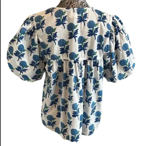 THML Floral Boho Cottage Tassel Top Floral Hydraganea Puff Sleeve Blue XL