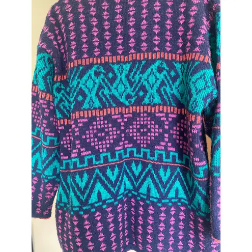 Vintage 80s Chunky Cardigan Sweater Bold Colorful Aztec Patterned Women's M Blue Size M