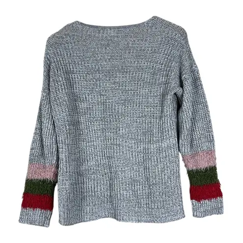 Ultra Flirt Cozy Waffle Knit Sweater Womens L Gray Colorblock Sleeve V-Neck