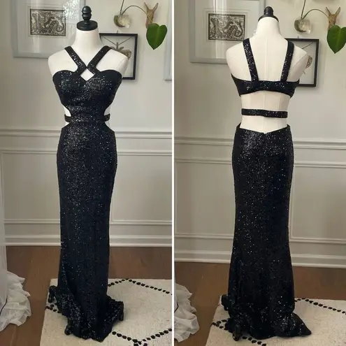 Faviana  7509 Black Sequin Strappy Formal Gown Dress Mob Wife $400 10