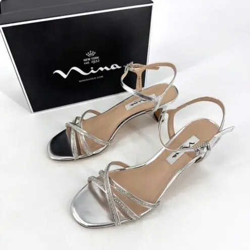 Nina NWT Silver Metallic Foil Crystal Strappy MID-HEEL Dress Sandal Size 8