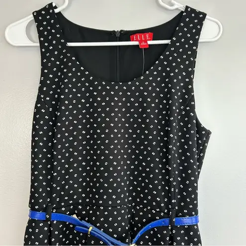 Elle NWT Black & White Blue Polka Dot Avant Garden Dress w/ Blue Belt Size 10