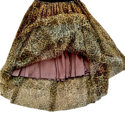 Y2K Sheer Leopard Print Mesh Tiered MIDI Skirt Sz S Animal Full Ballet Lined Brown