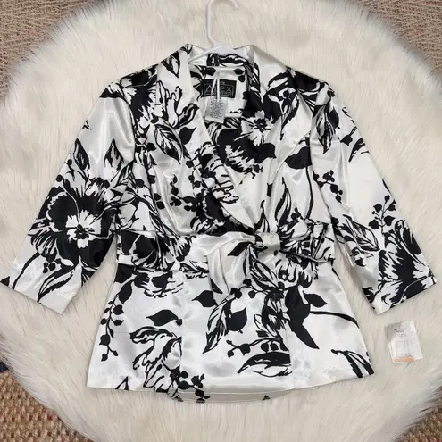 Alex Evenings Women's White Black Floral Bow Shawl Collar Satin Blouse Size SP