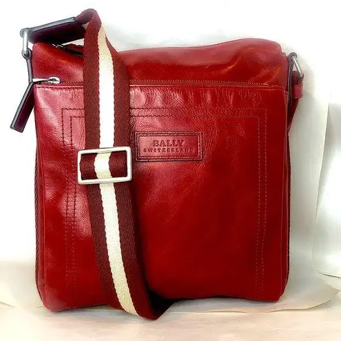 BALLY Red Leather Top Zip Crossbody Shoulder Bag w/ Red White Striped Strap EUC