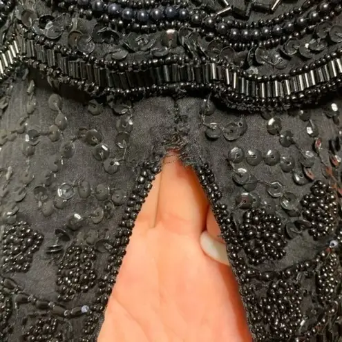 Vintage Brilliante Beaded Silk Dress Size Small Black Tiered Short Sleeve