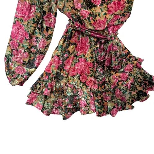 HEMANT & NANDITA One Shoulder Floral Metallic Ruffle Mini Dress XL FLAWED Pink