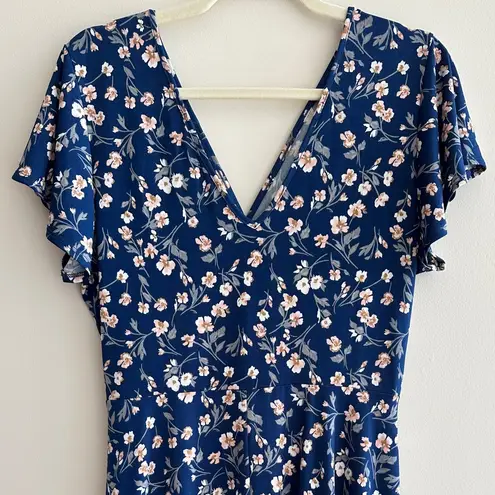 Kaileigh Blue Floral Faux Wrap Midi Stretch Dress, Size Large