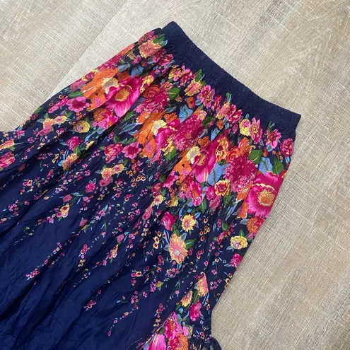 Floral Harem Pants S/M High Rise Cargo Smocked Boho Festival Resort Artsy Flowy Blue