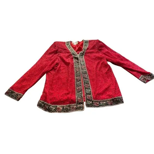 Laurence Kazar New York Red Beaded Silk Evening Holiday Jacket XL