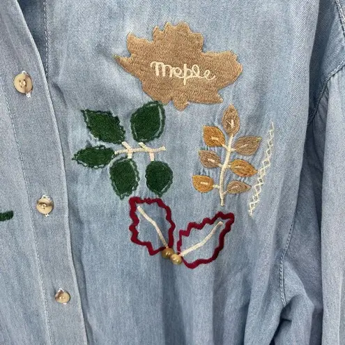 Vintage Blue Women's Button Up Shirt Embroidered Maple Acorn Oak Oversized  XL