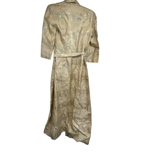 Vintage Handmade Brocade Duster Robe Gold Metallic Jacquard Belted Long Coat M Size M