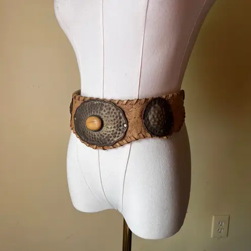 Vintage Julio de Peralla Spain Tooled Leather Stone Belt Boho Western 70s S/M Tan