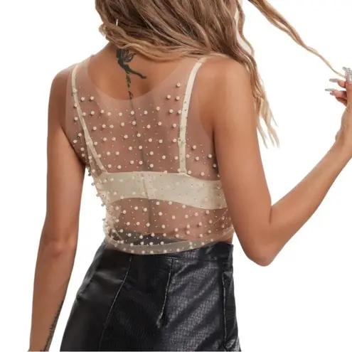 Love j Crewneck Sleveless Pearl & Rhinestone Sheer Ivory Mesh Crop Tank Top