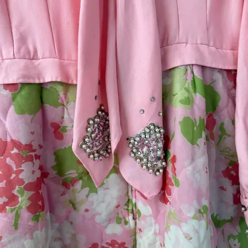 Vintage 60's 70s Handmade Hostess Style Quilted Beaded Maxi Dress Retro Pink Size XL