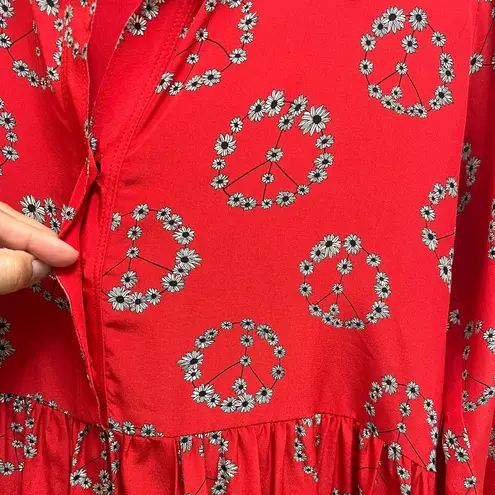 Sandro Paris Ring Rogue Silk Dress Floral Peace Sign Print Pockets Red Size S