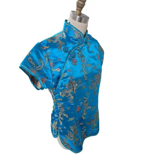 VTG Lian Lin Qipao/Cheongsam Satin Top Turquoise Blue/Gold Sz L 5 Toe Dragons Blue Size M
