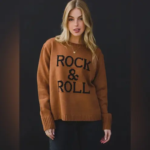 Panache NWOT Apparel Brown Cognac “Rock & Roll” Crewneck Sweater size S