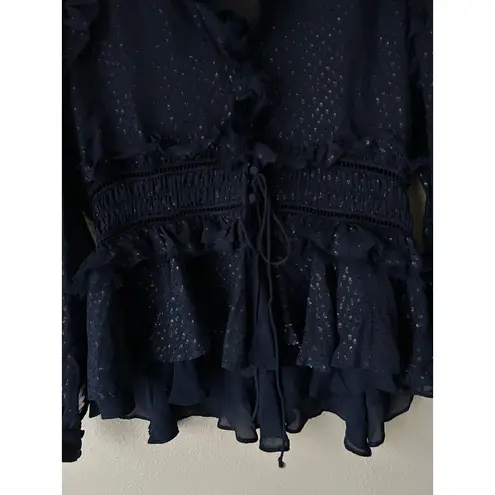 Johnathan Simkhai Navy Semi Sheer Chiffon Ruffle Blouse Size Medium Blue