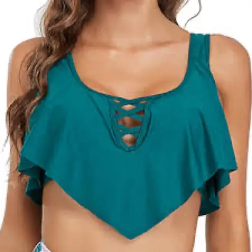 No Brand, Women's Emerald Green Ruffle Swim Top; Large