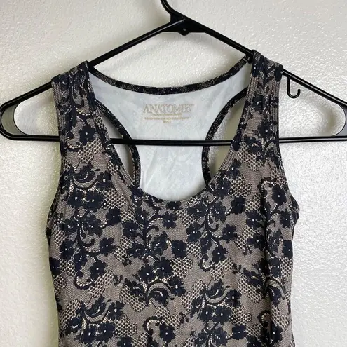 Anatomie Womens Racerback Tank Top Small Black Shirt Nude Floral Lace Stretch