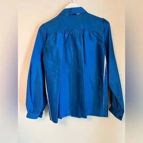 Vintage 1960S Thai Silk Blouse By Fair Lady Bangkok Blue Silver Stripe Medium