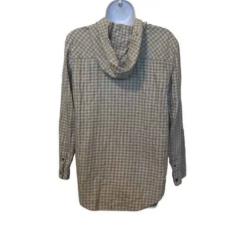 Treasure & Bond Grey Cream Plaid Long Sleeve Button Down Hoodie XS 100% Cotton