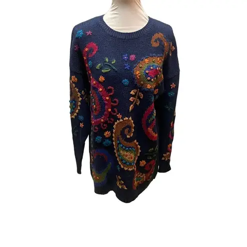 Christina Navy Blue with Bright Colored Paisley Pattern Crewneck Long Sleeve Han Size L