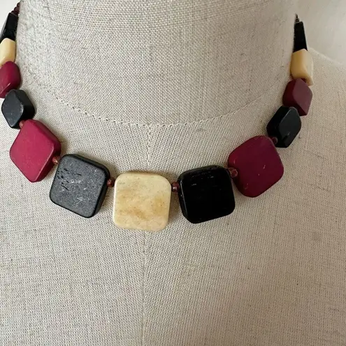 Red black and cream square beaded necklace