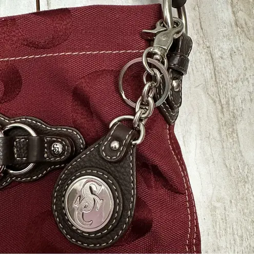 Elegant Sarah Caperelli Burgundy Crossbody Bag Dark Brown Trim Silver Hardware Red